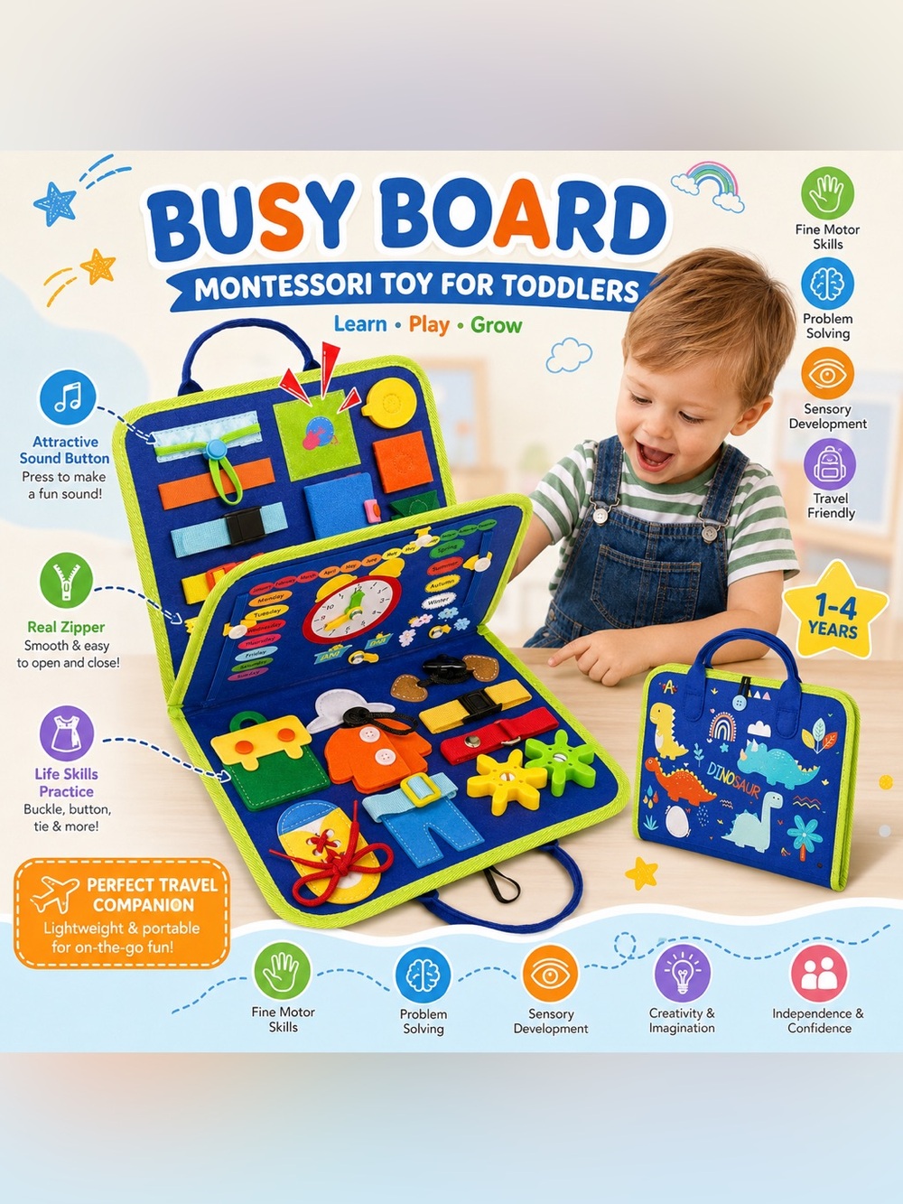 Busy Board Montessori Toy for Toddlers - Blue & Green